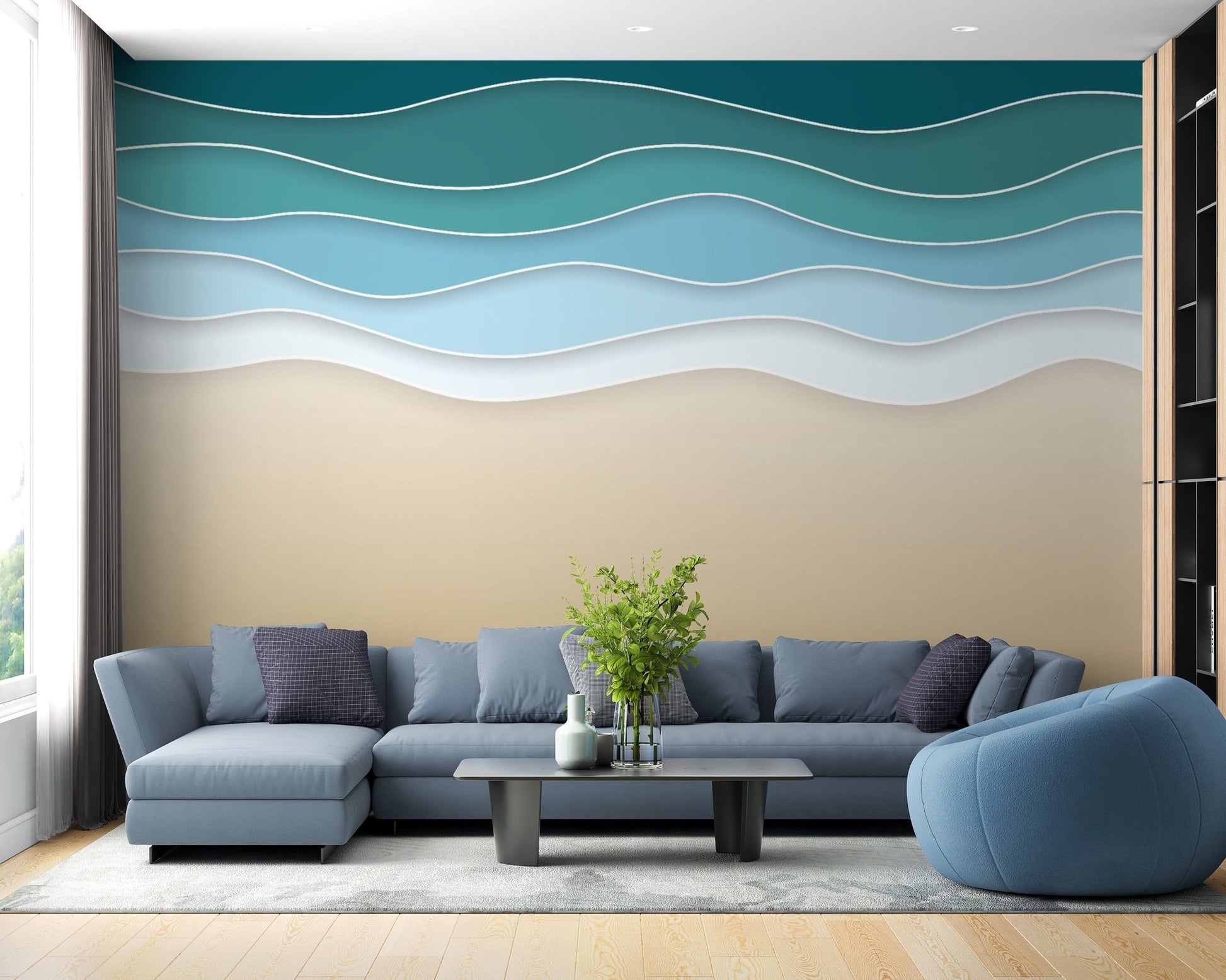 Layered ocean wall mural for a relaxing coastal theme.
