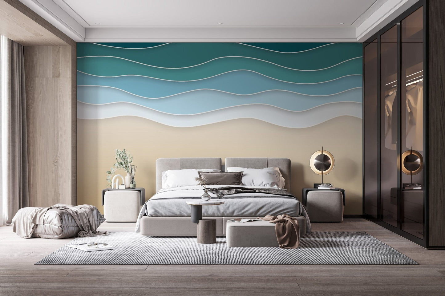 Ocean-inspired layered wall mural for a calming ambiance.
