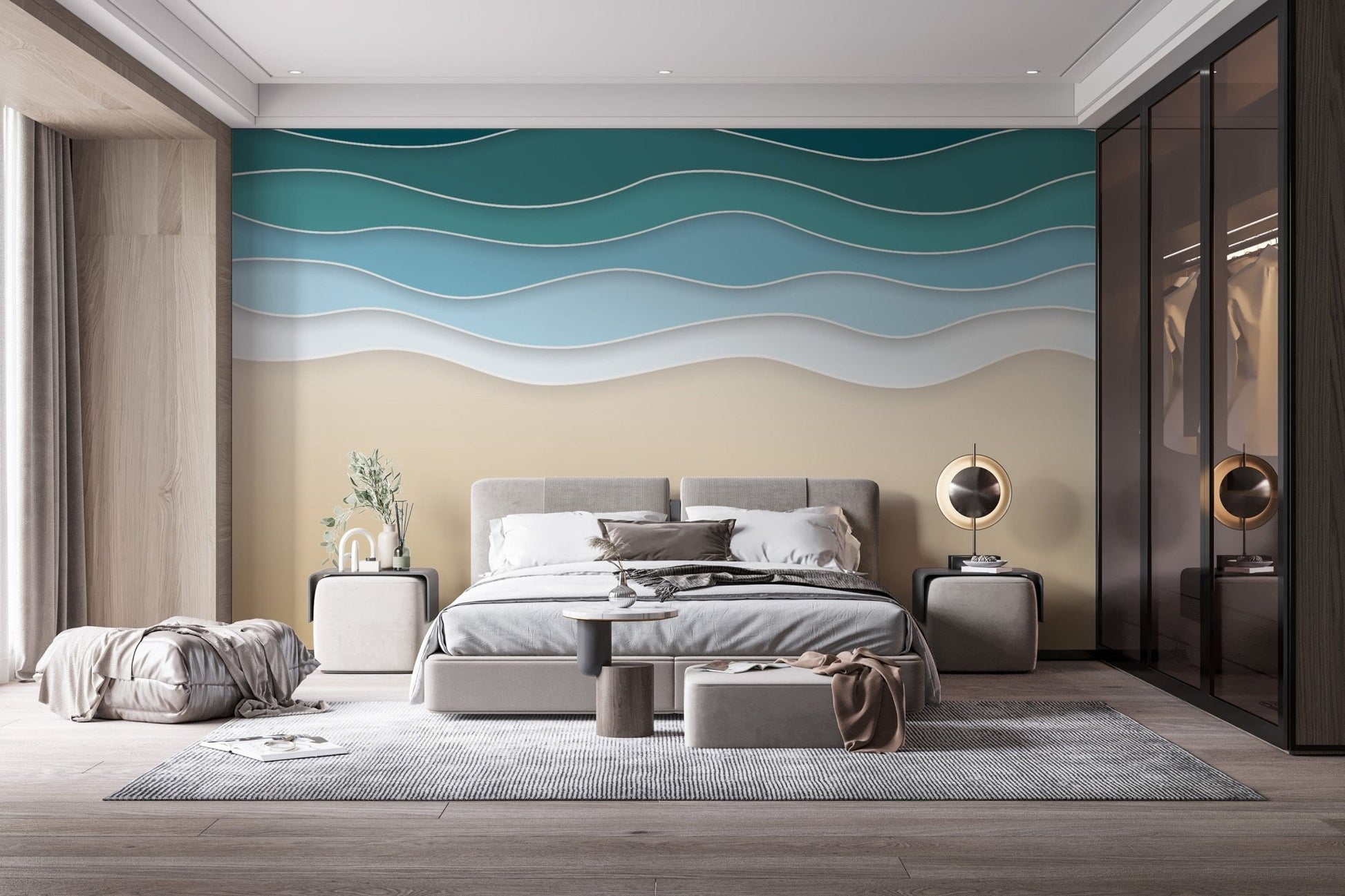 Ocean-inspired layered wall mural for a calming ambiance.
