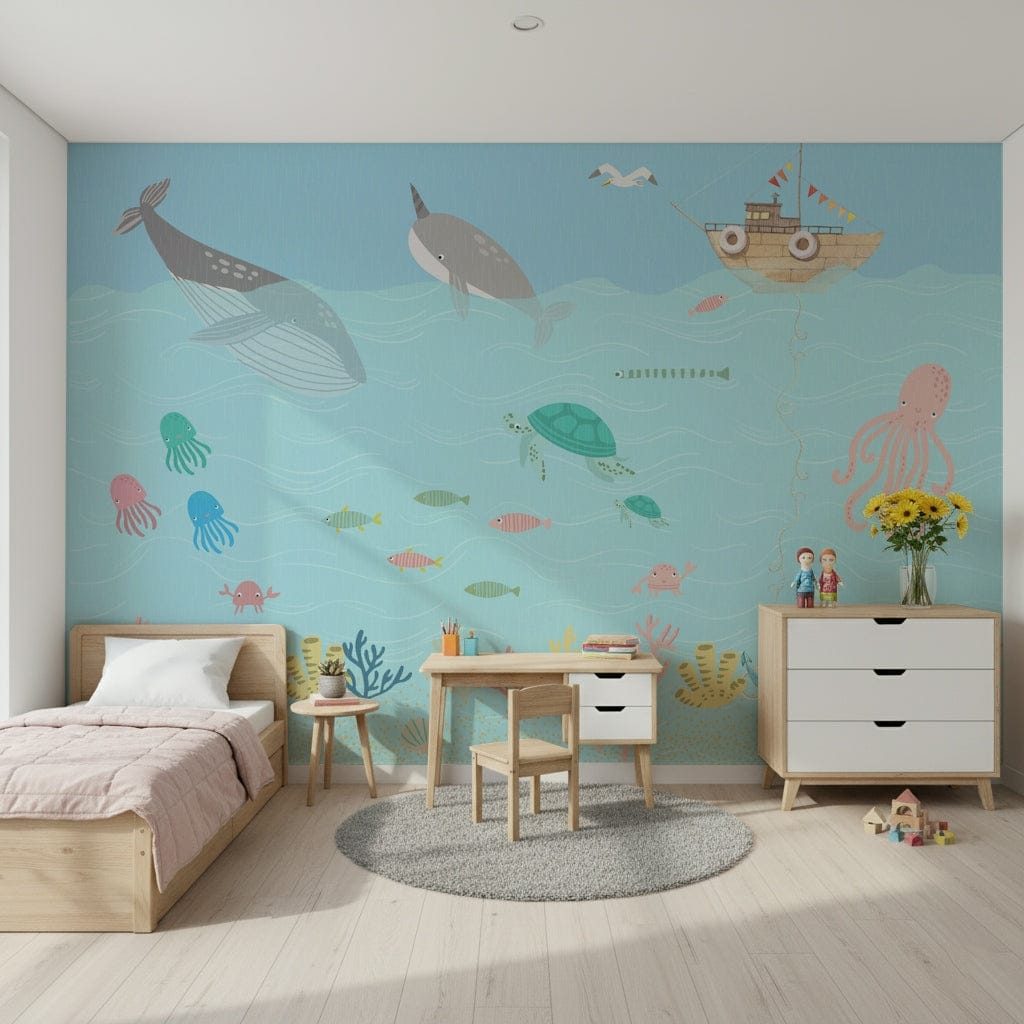 Ocean Friends' Playtime Wall Mural in a bright children's bedroom wallpaper.