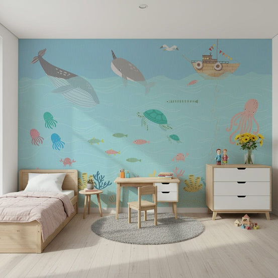 Ocean Friends' Playtime Wall Mural in a bright children's bedroom wallpaper., GD4121