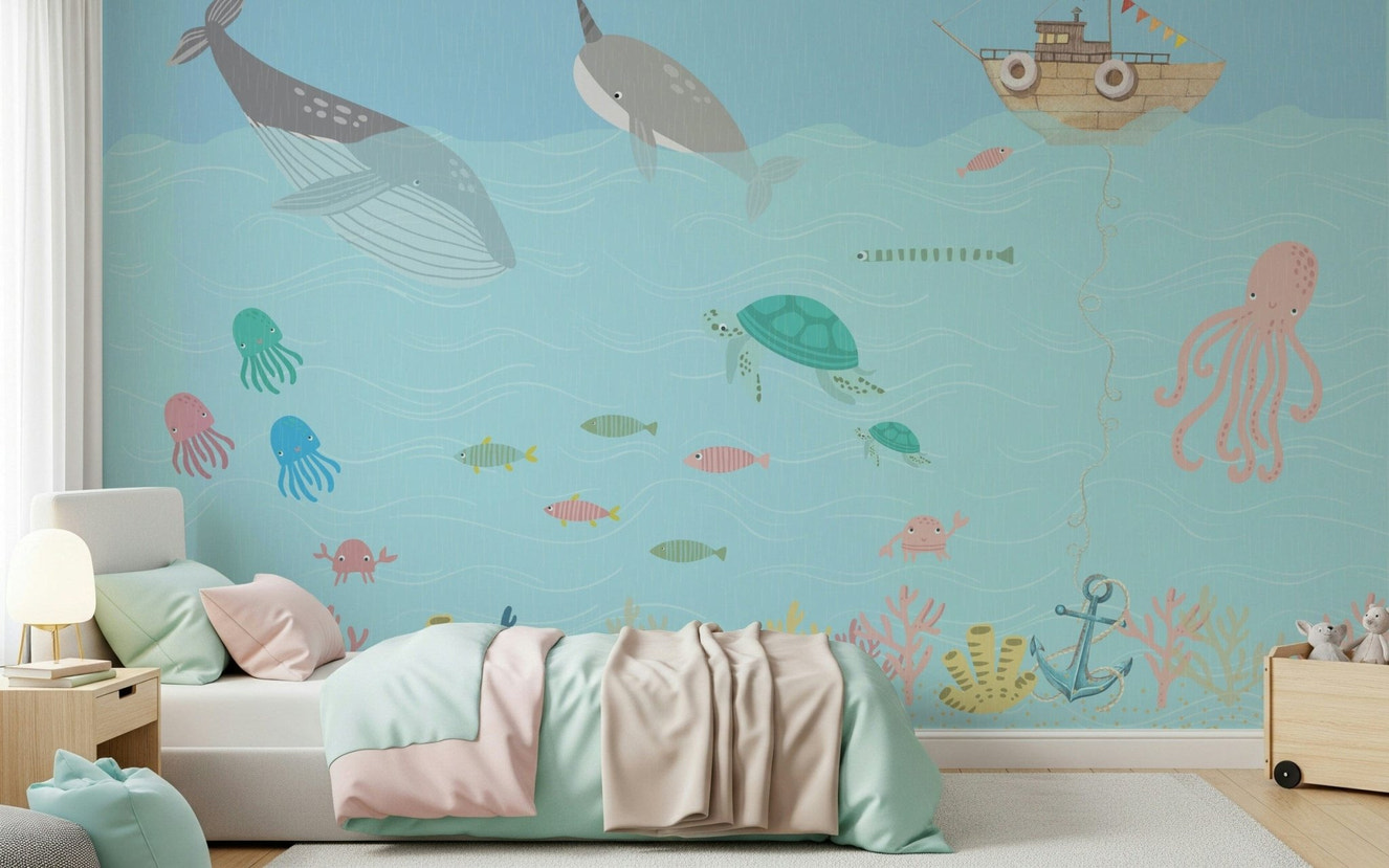Colourful coral reef wallpaper with friendly sea turtles for a nursery wall mural.