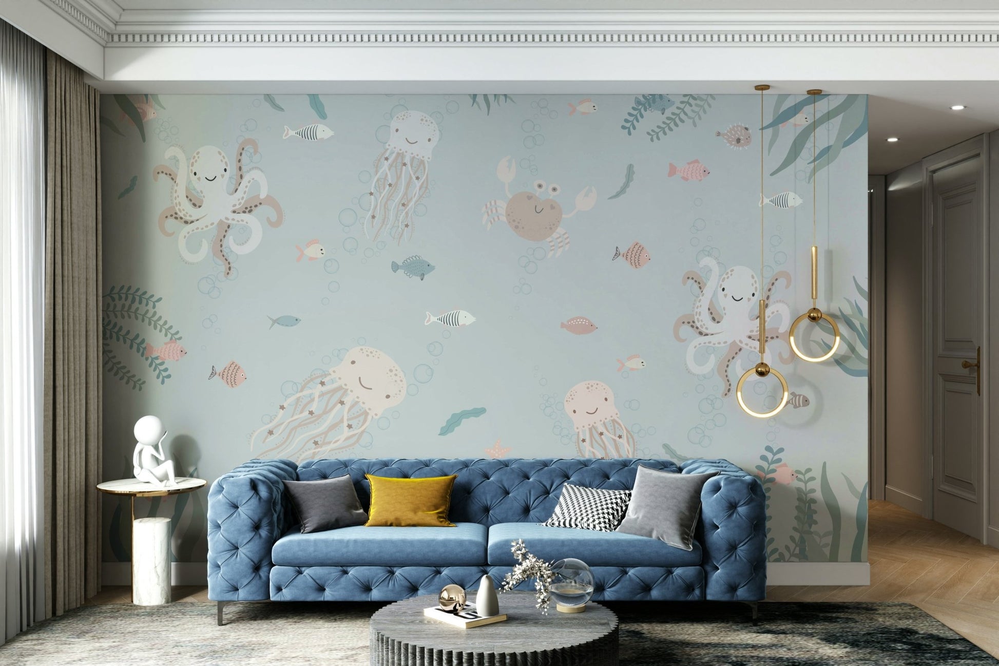 Coral and seaweed are visible on the ocean floor.

