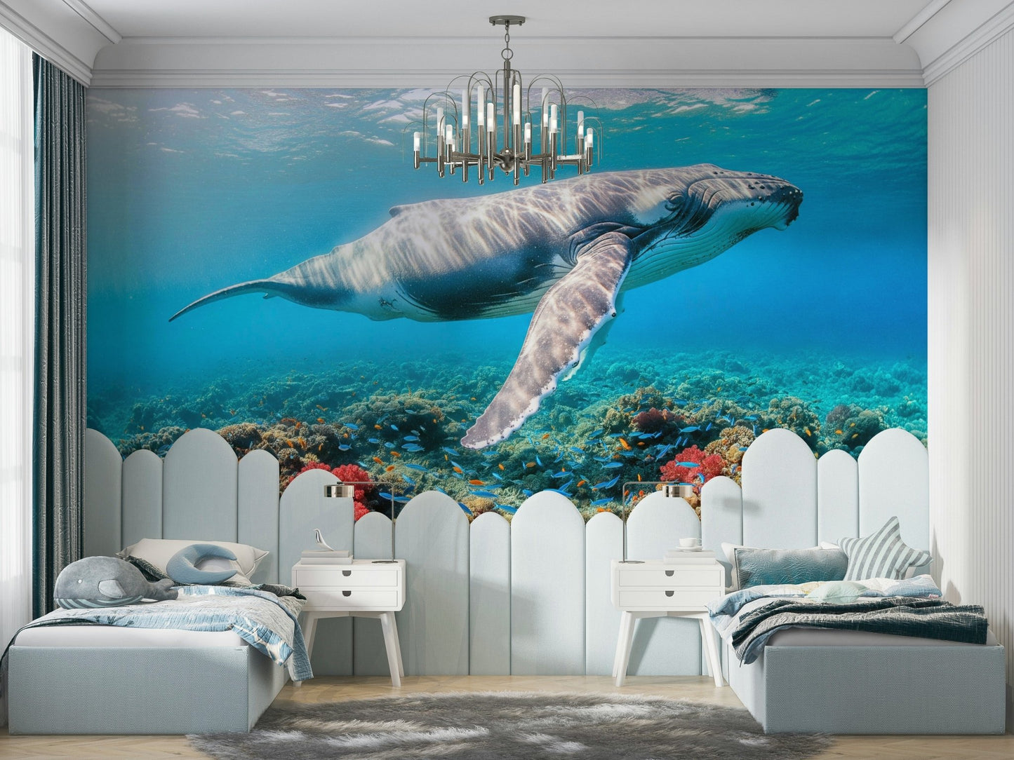 The colors are soft and gentle, with deep blues and aquatic hues.

