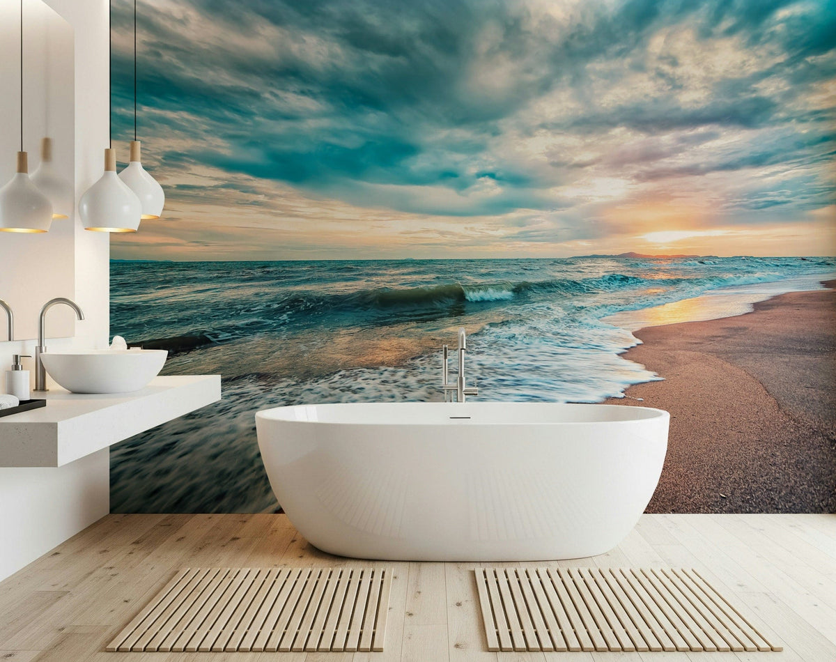 Ocean Hues Wall Mural brings a dramatic shoreline view into a bright bathroom, GD7941