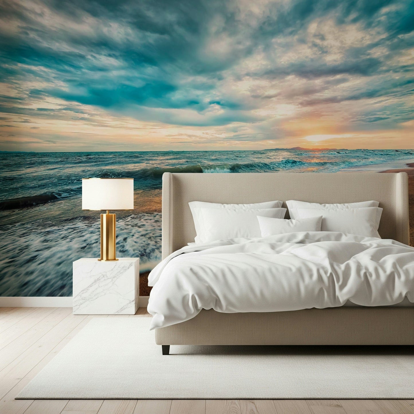 Ocean Hues Wall Mural creates a restful bedroom with rolling surf and sky tones