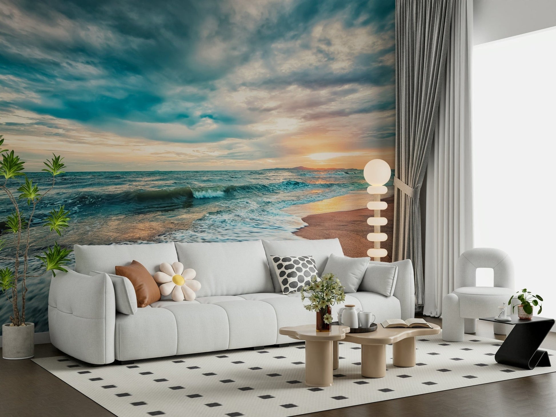 Soft lounge interior featuring Ocean Hues Wall Mural and a sunset beach horizon