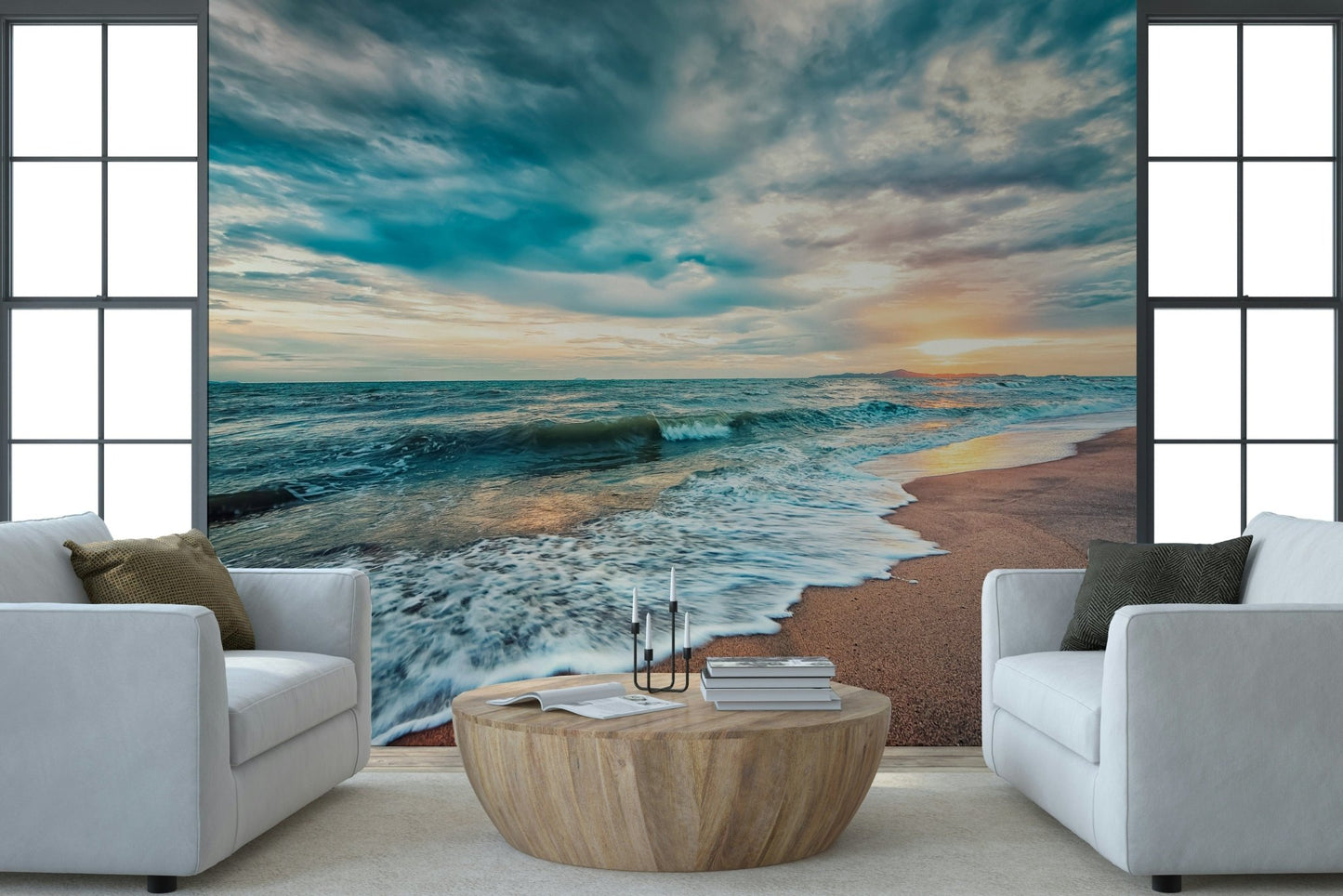 Modern living room styled with Ocean Hues Wall Mural and a textured shore view