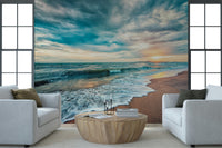 Modern living room styled with Ocean Hues Wall Mural and a textured shore view