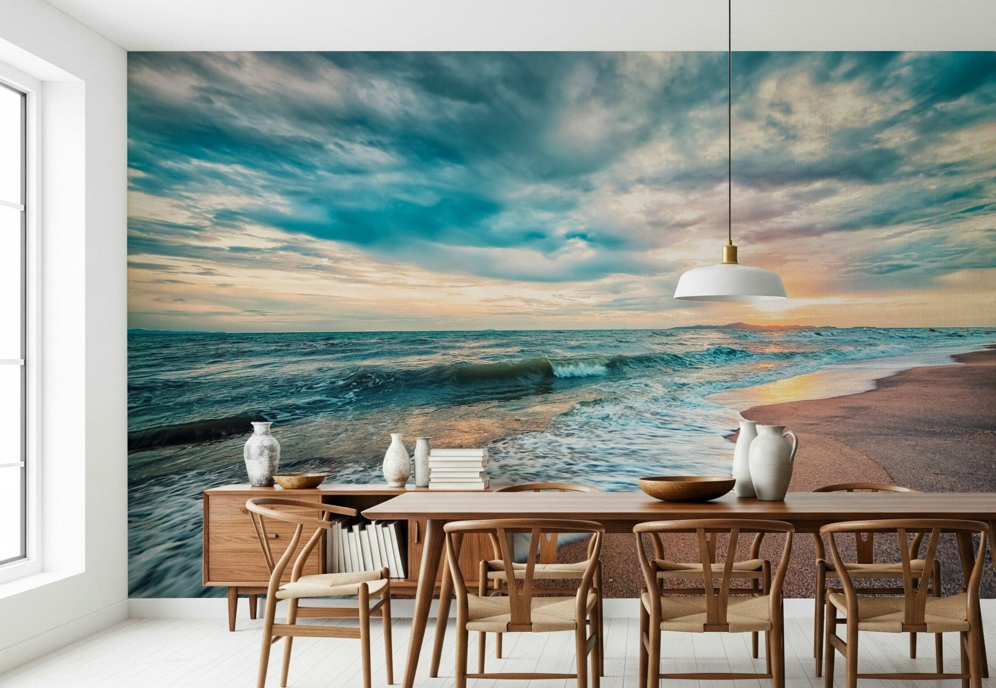 Ocean Hues Wall Mural brightens a sitting room with sea foam and warm light