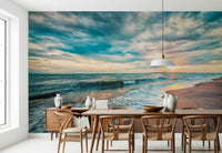 Ocean Hues Wall Mural brightens a sitting room with sea foam and warm light