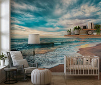 Dining area framed by Ocean Hues Wall Mural and sweeping shoreline water detail