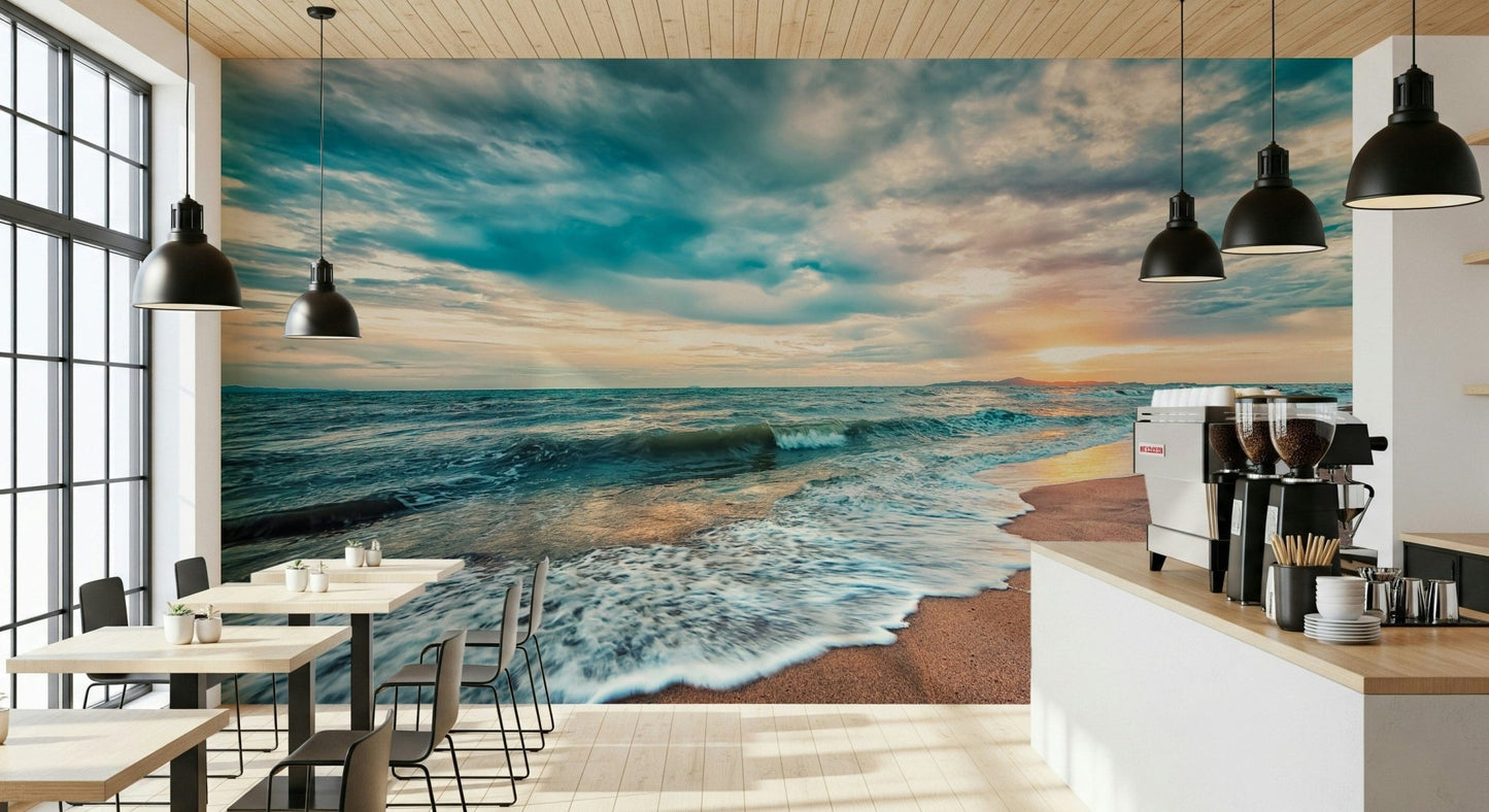 Ocean Hues Wall Mural adds moody sea depth behind a modern Cafe setting
