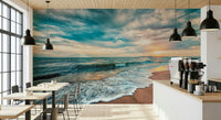 Ocean Hues Wall Mural adds moody sea depth behind a modern Cafe setting