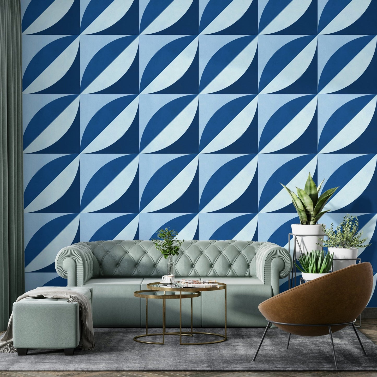 The colors are soft, muted tones of blue, green, and white.

