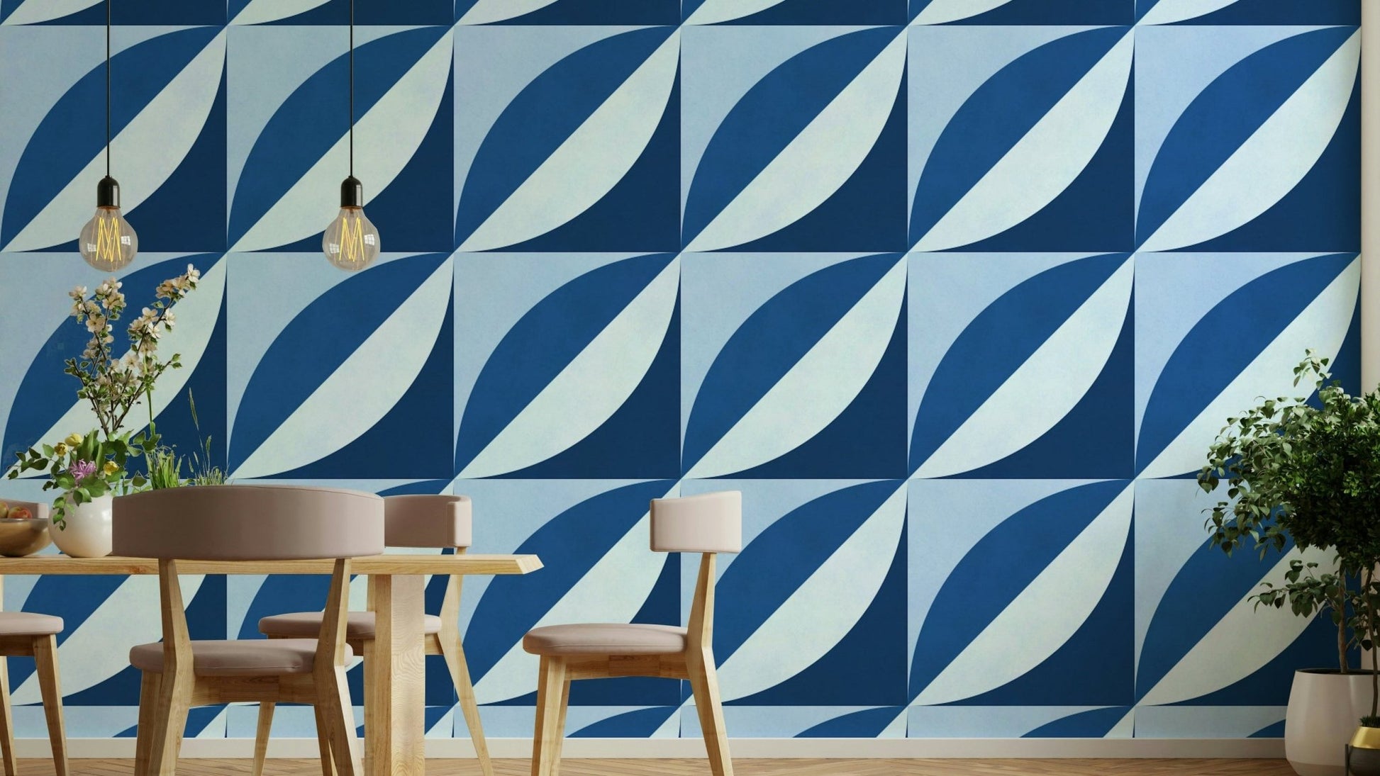 The image shows an artistic impression of a serene floral scene with ocean colors.

