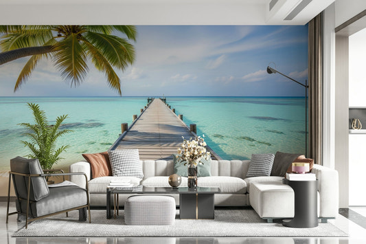 Ocean Pier Dream wall mural in a modern living room setting.