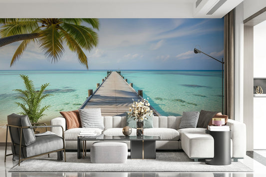 Ocean Pier Dream wall mural in a modern living room setting.