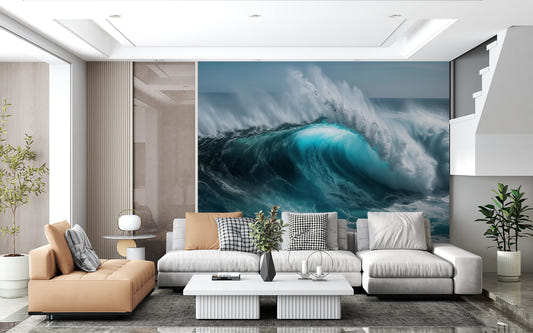 Powerful curling wave in Ocean Surge wall mural for a hallway
