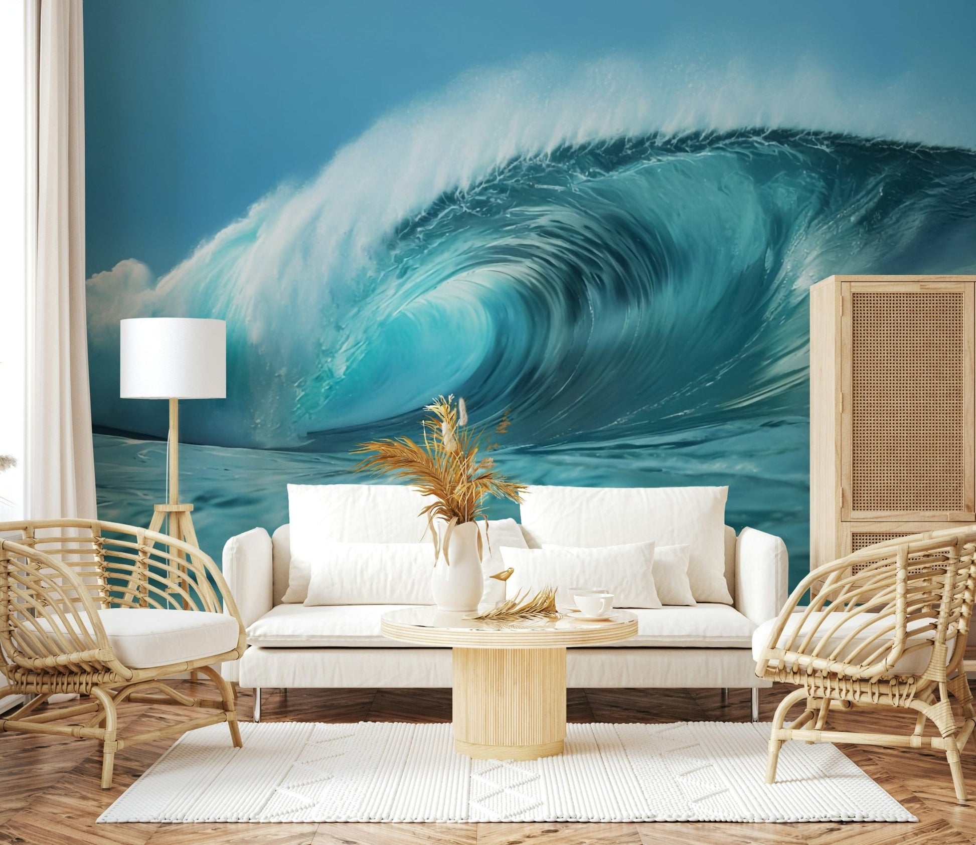 Serene blue sea wall mural depicting a powerful curling ocean wave.
