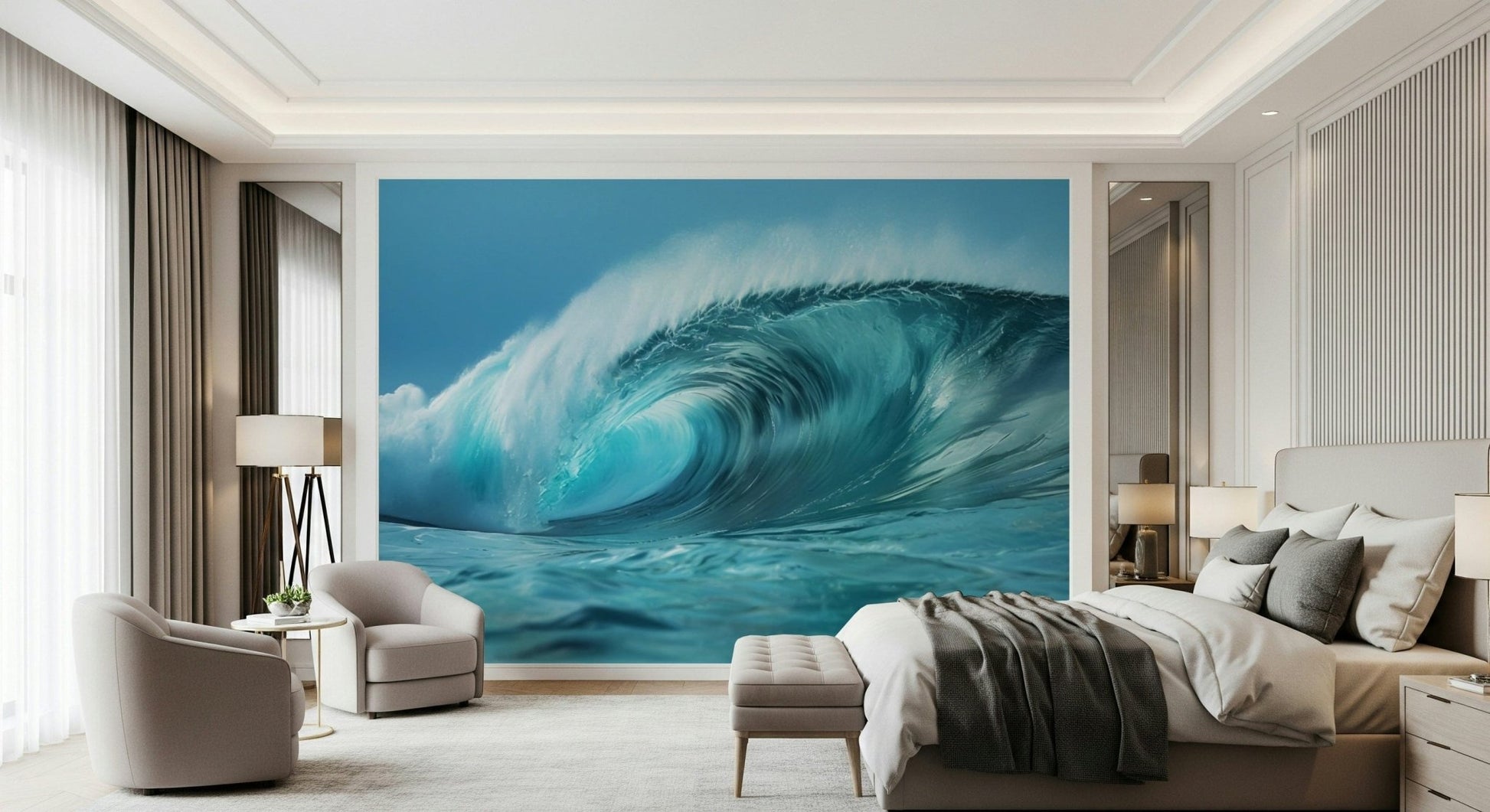 Ocean wave serenity wall mural for a calm coastal interior theme.