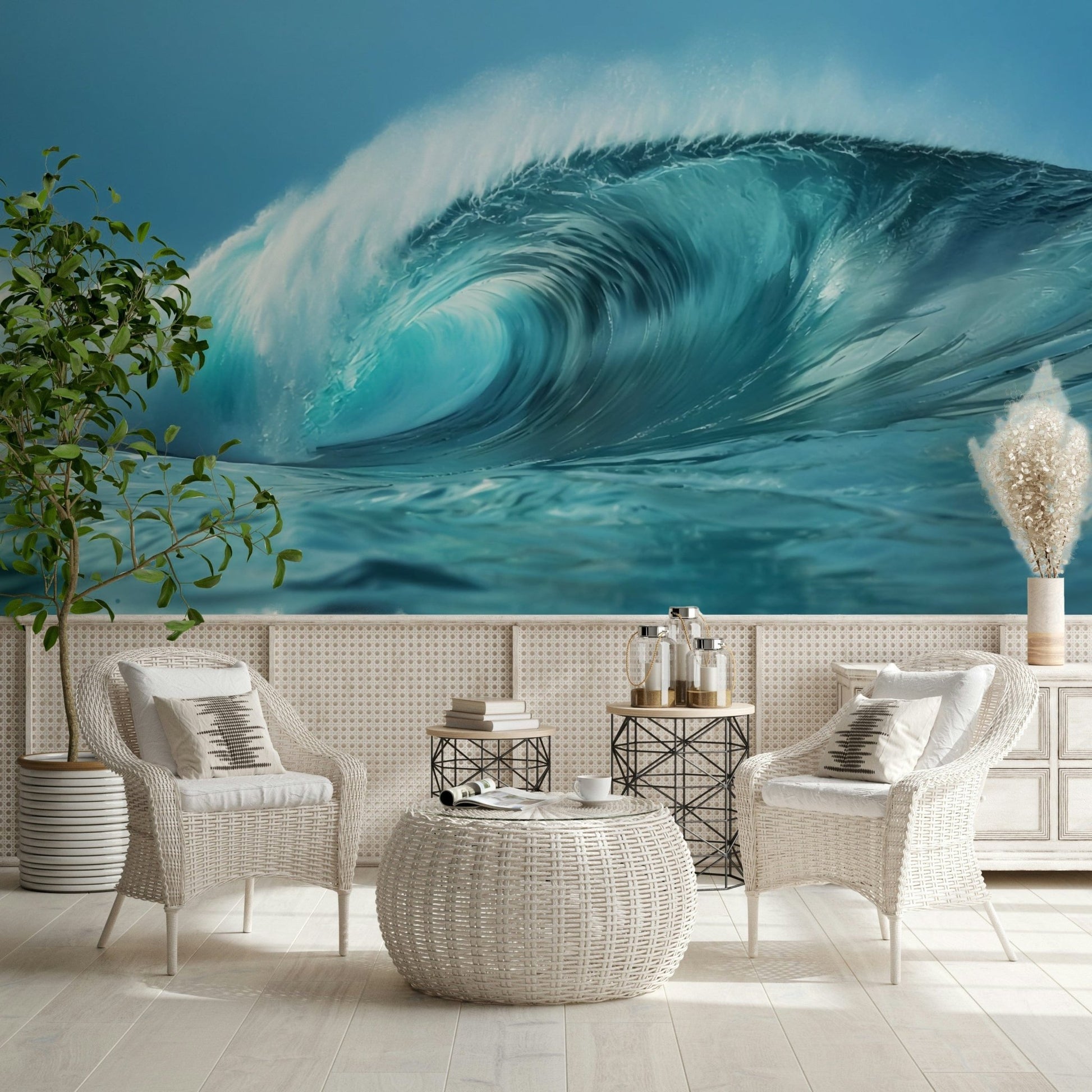 Refreshing sea wave wall mural with vibrant blue and white tones.