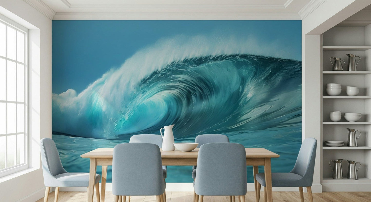 Coastal landscape wallpaper featuring a large rolling blue sea wave.