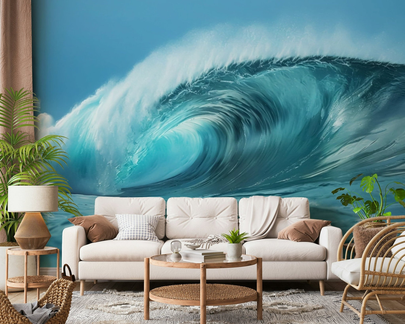 Pacific inspired wall mural featuring a turquoise wave and sea mist.