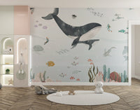 Diving with whales mural illustration
