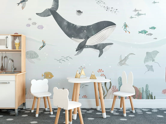 Majestic whale and coral reef wallpaper, C155