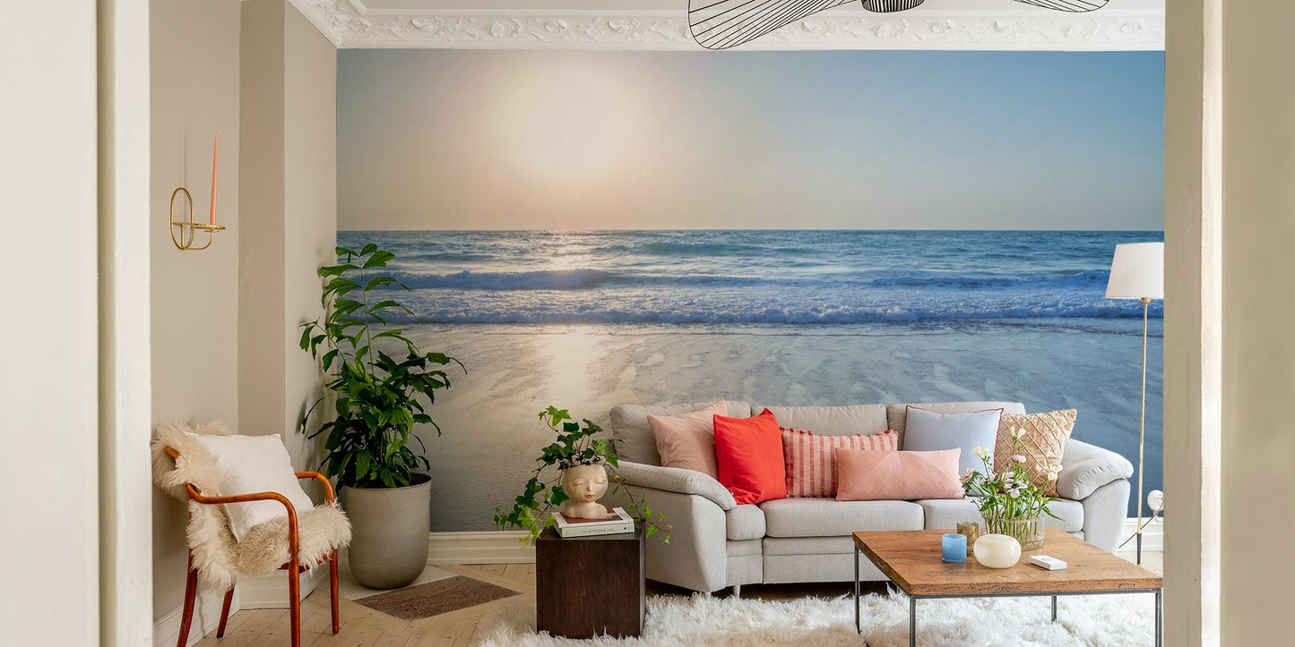 A peaceful wall mural with a gentle seascape scene.

