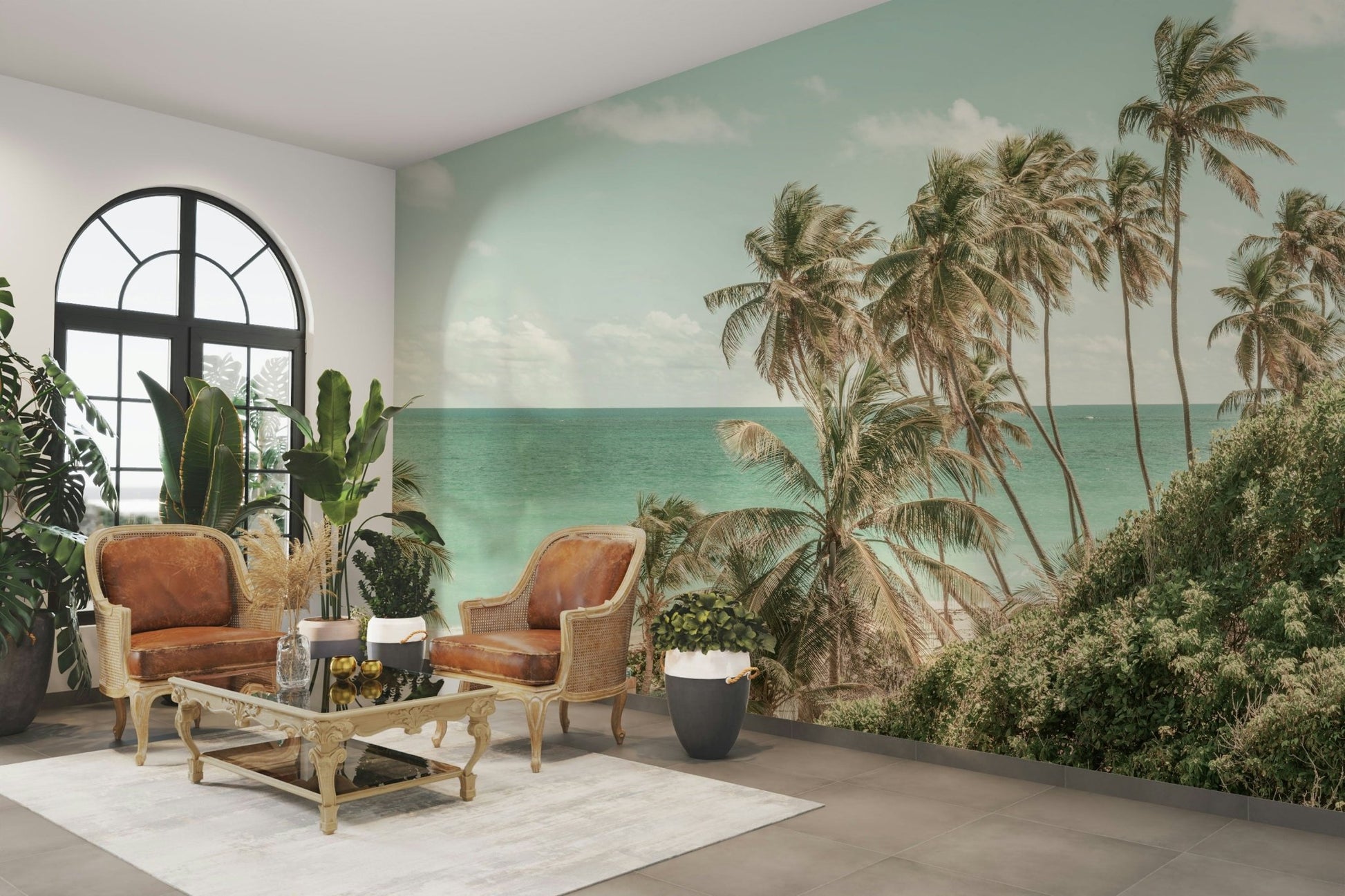A beautiful tropical beach wall mural for a living room.

