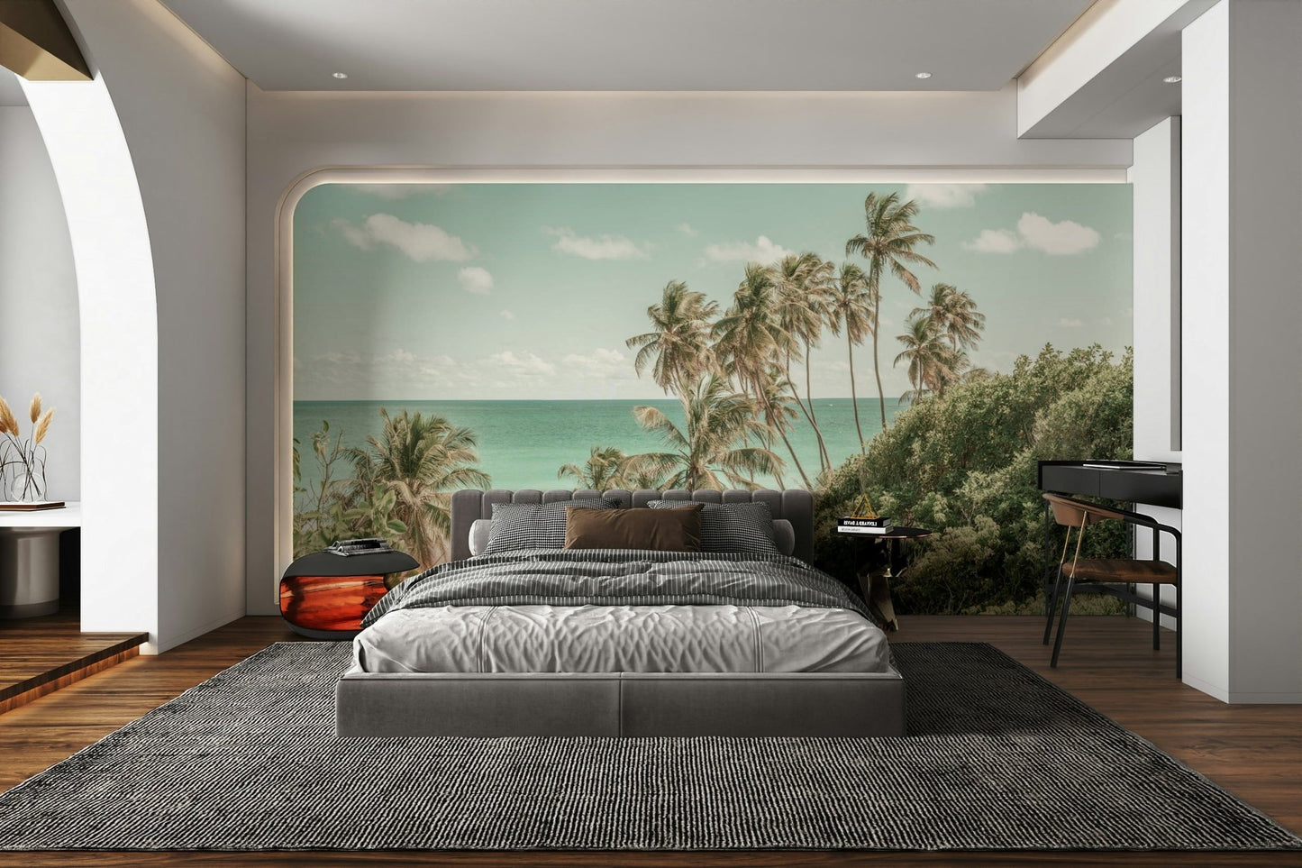 A graceful beach and palm wall mural in soft tones.

