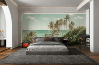 A graceful beach and palm wall mural in soft tones.

