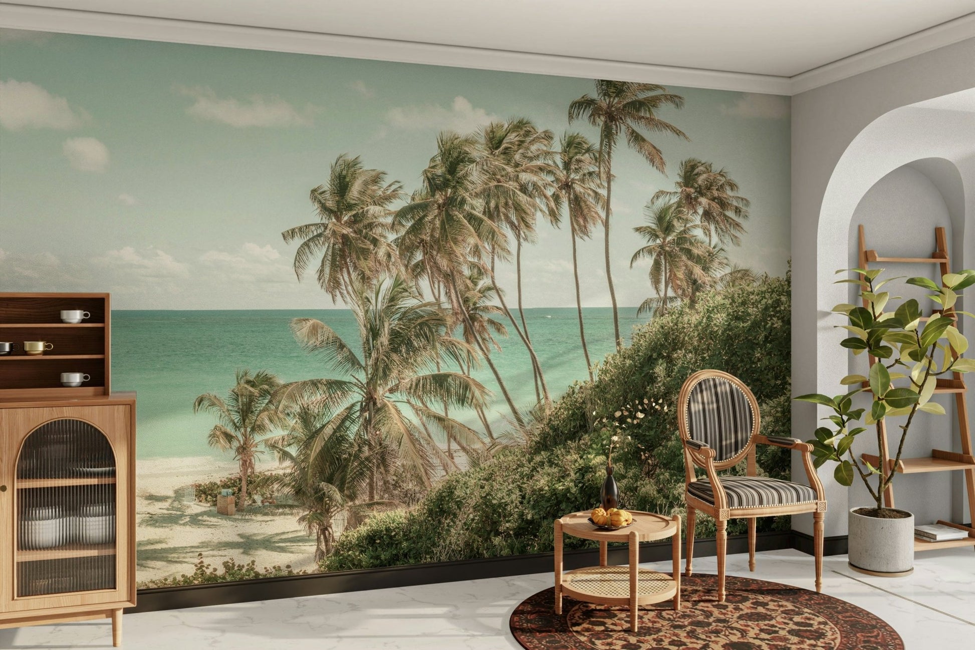A tranquil tropical scene mural on decorative wallpaper.

