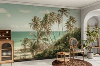 A tranquil tropical scene mural on decorative wallpaper.

