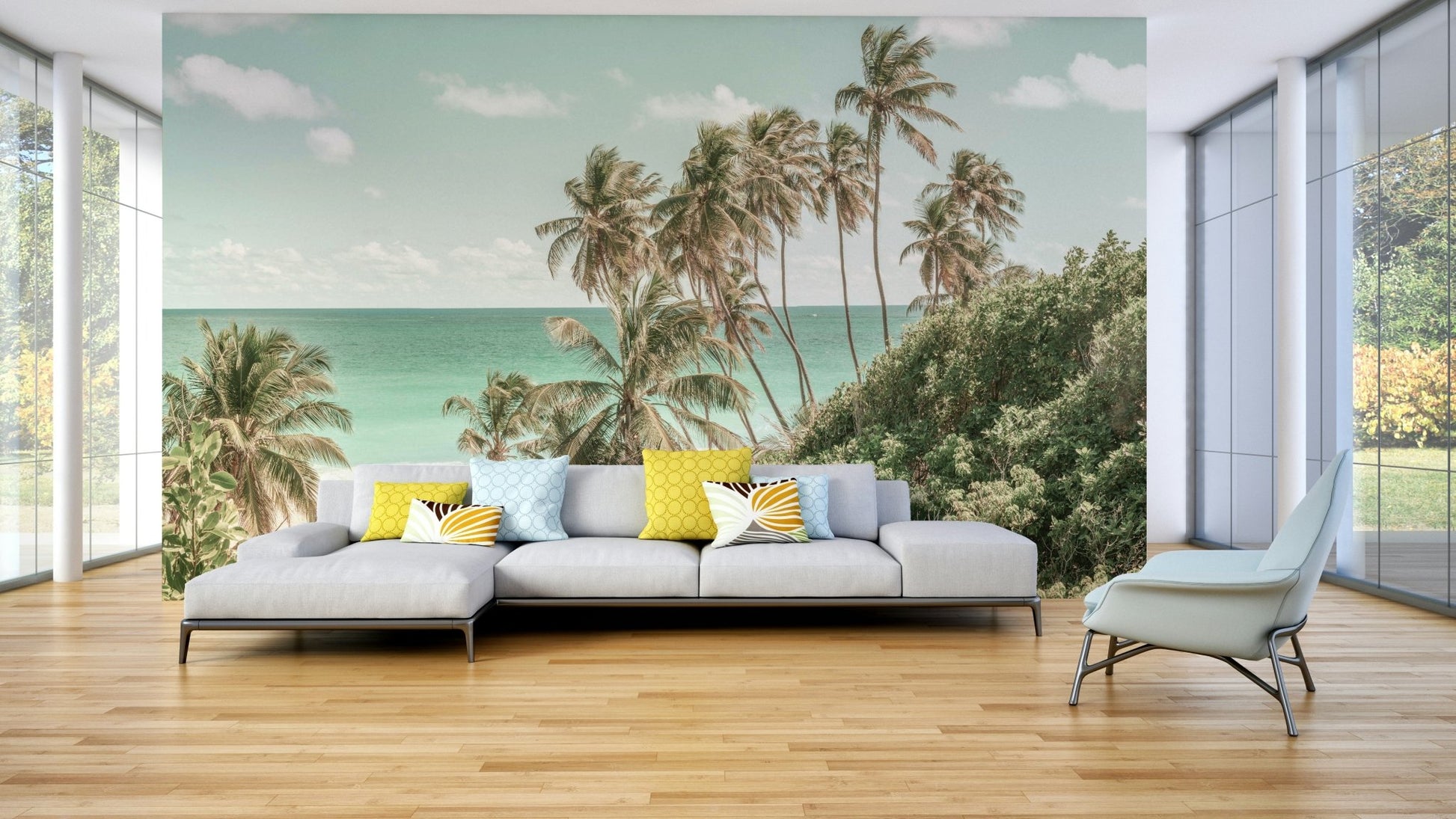 A serene tropical beach wall mural for your decor.

