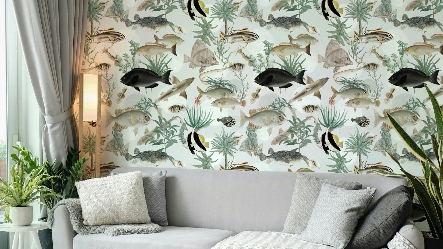 Oceania Wallpaper styled in a beach house living room

