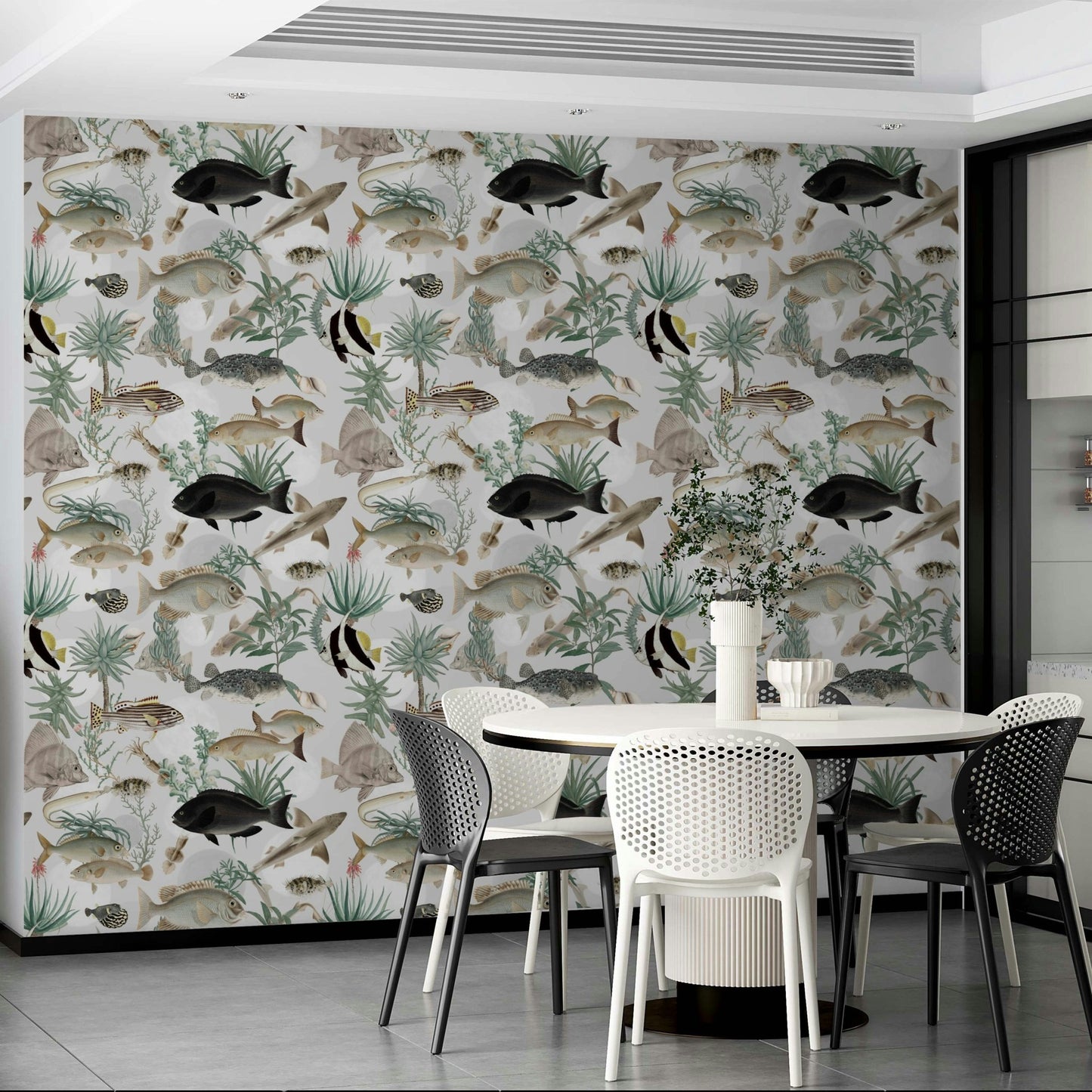 Bathroom interior with Oceania marine-style wallpaper

