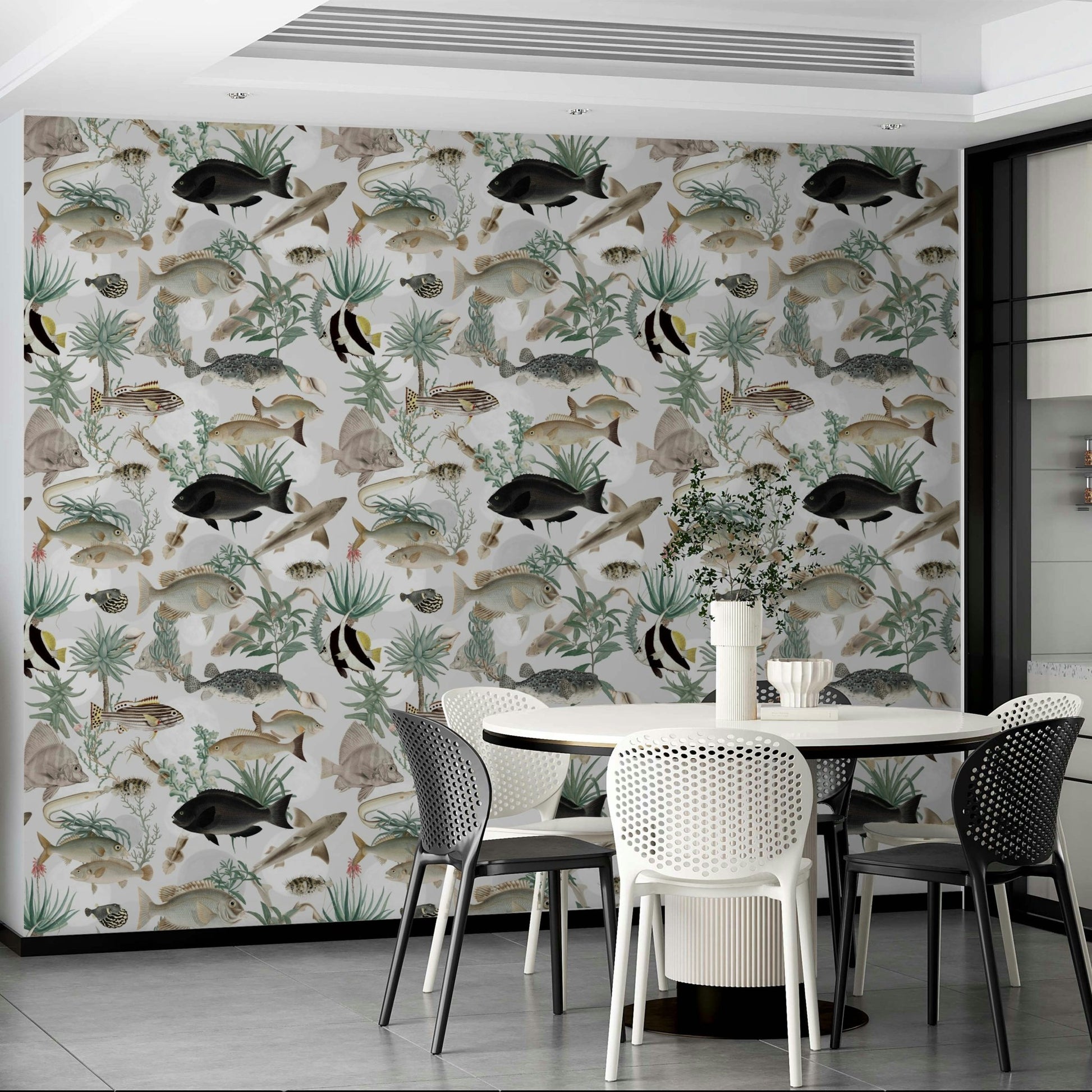Bathroom interior with Oceania marine-style wallpaper

