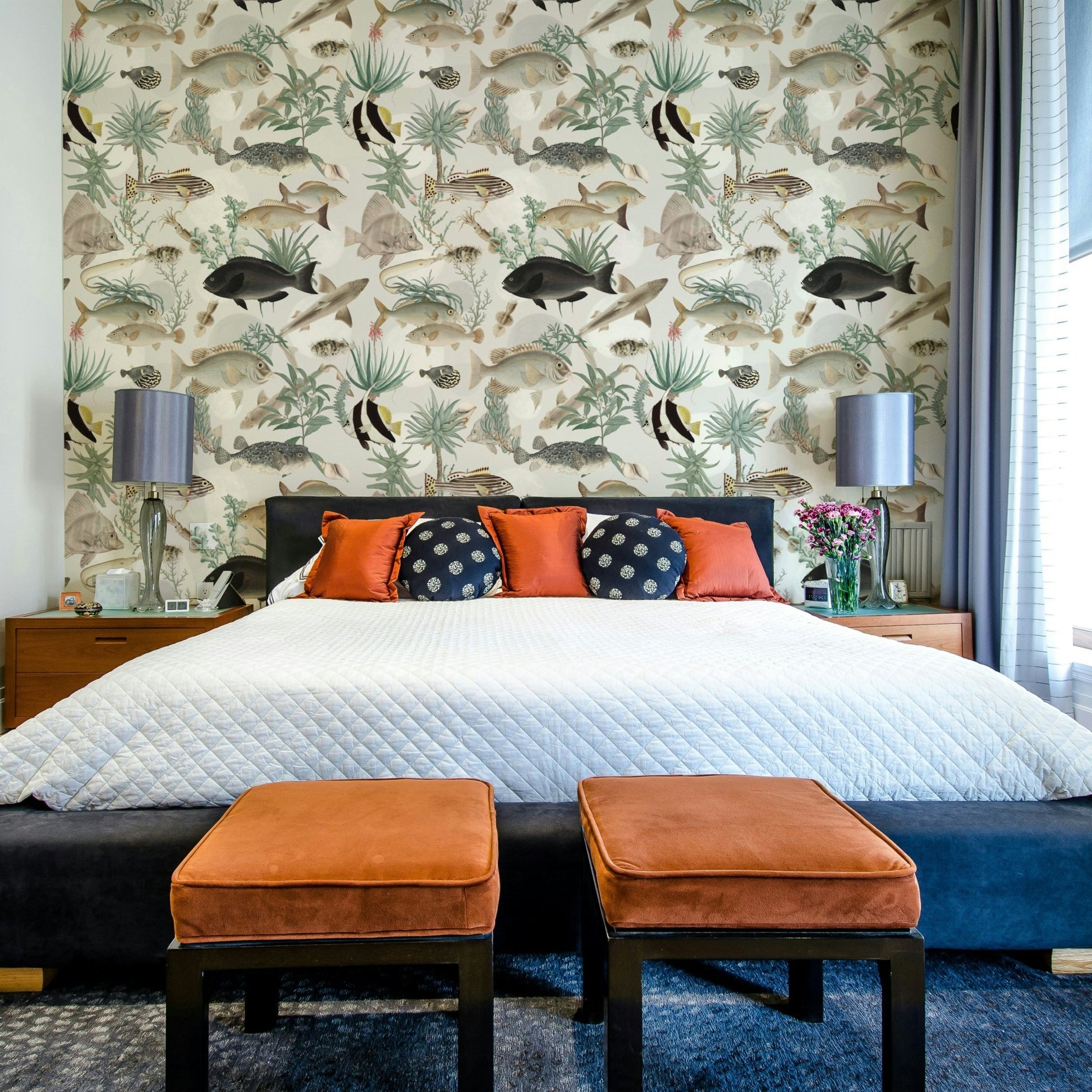 Blue and beige Oceania Wallpaper in a serene bedroom

