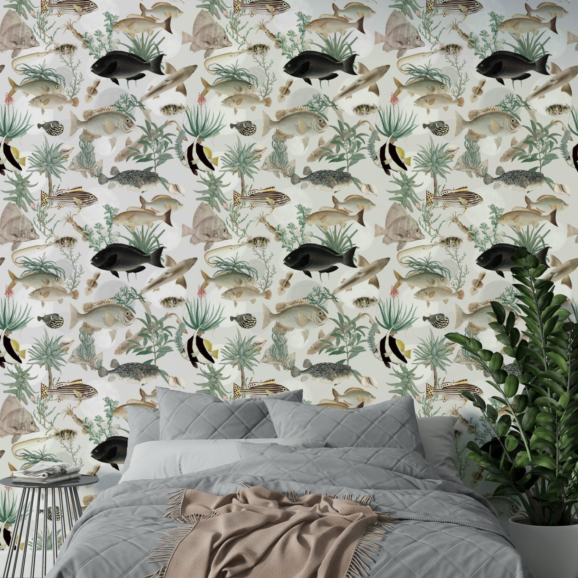 Soft blue and neutral tones on Oceania Wallpaper under light

