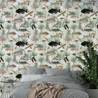 Soft blue and neutral tones on Oceania Wallpaper under light

