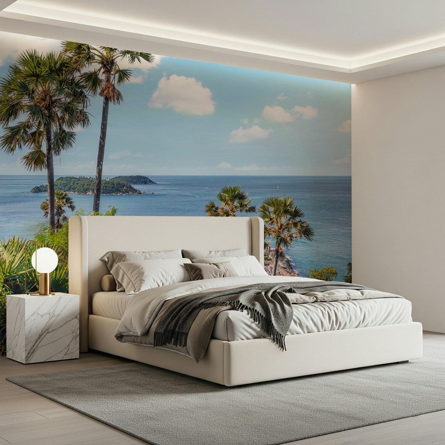 Oceanic Escape Wall Mural creates a calm bedroom with blue water and palms, GD7947