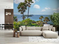 Oceanic Escape Wall Mural adds an open island view behind a soft lounge setup, GD7947