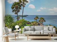 Oceanic Escape Wall Mural brightens a sofa wall with sea, sky, and palm views, GD7947