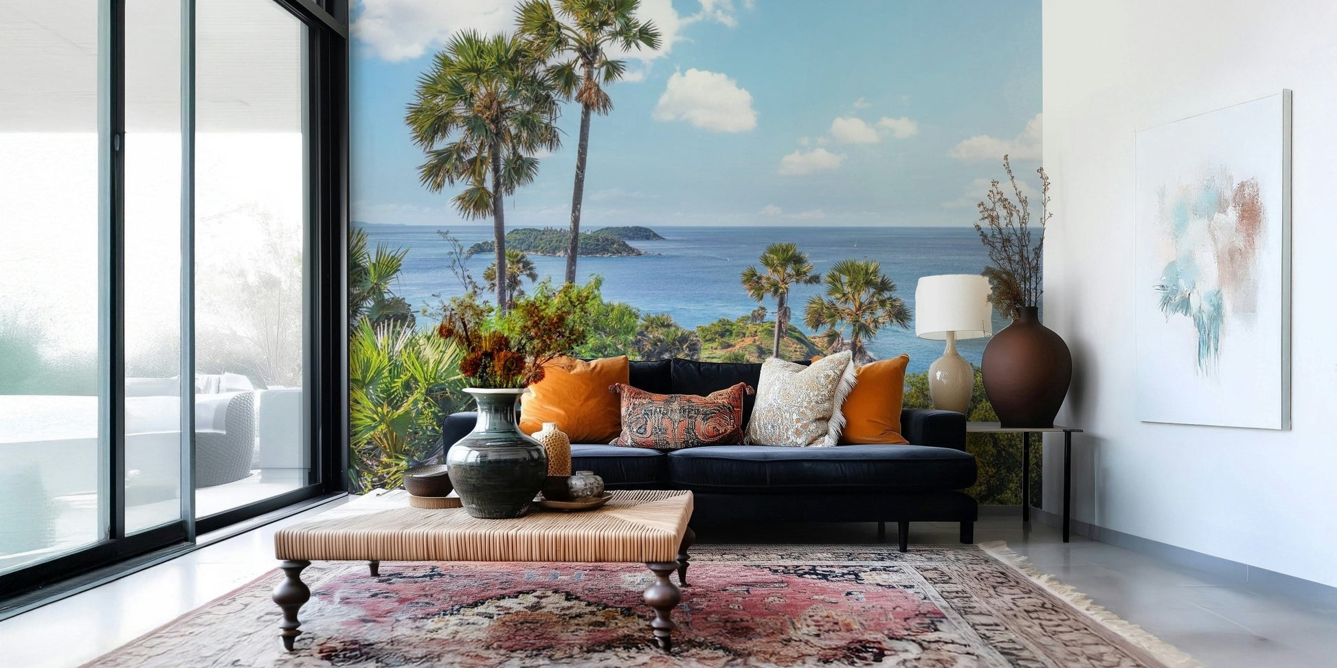 Modern sitting area framed by Oceanic Escape Wall Mural and coastal greenery, GD7947