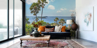 Modern sitting area framed by Oceanic Escape Wall Mural and coastal greenery, GD7947