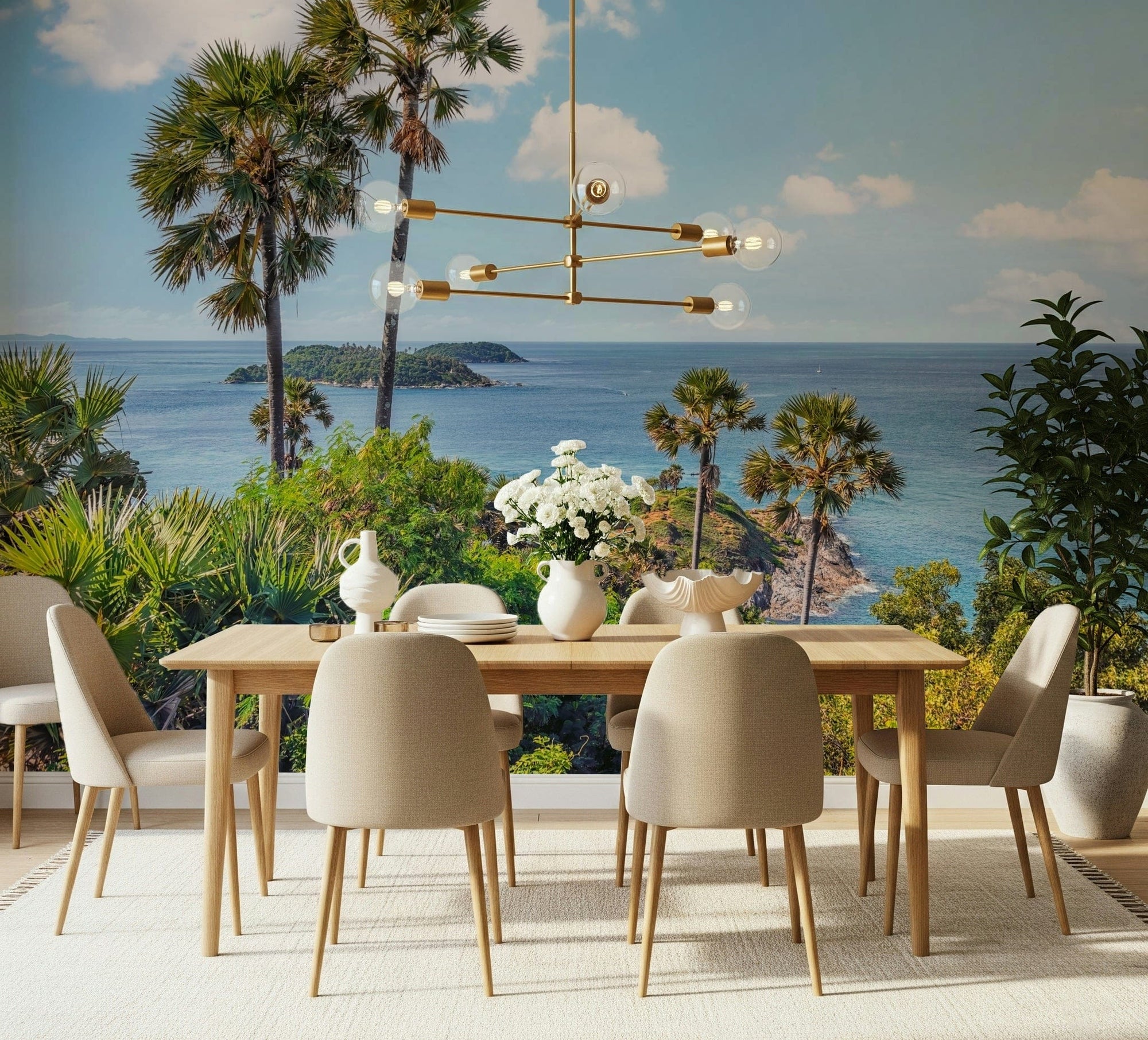 Oceanic Escape Wall Mural brings tropical sea views to a bright dining room, GD7947