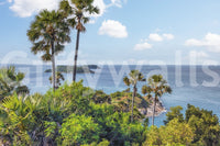 Oceanic Escape Wall Mural with tropical palms above a calm blue island shoreline, GD7947